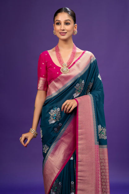 Teal Blue Georgette Saree With Pink Blouse