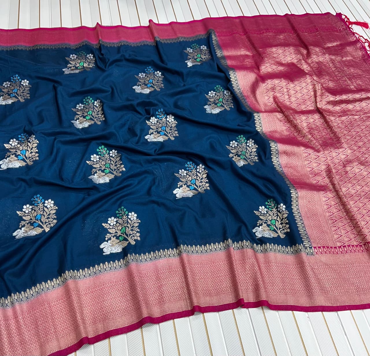 Teal Blue Georgette Saree With Pink Blouse