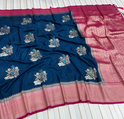 Teal Blue Georgette Saree With Pink Blouse