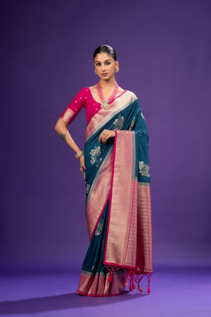 Teal Blue Georgette Saree With Pink Blouse