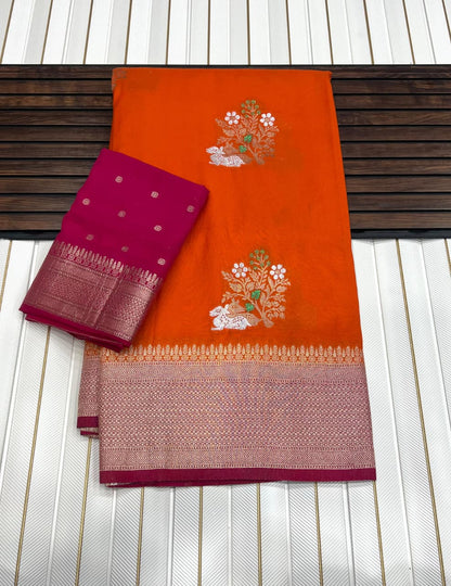 Orange Pure Khadi  Crepe Georgette  Jacquard Weaving  Saree