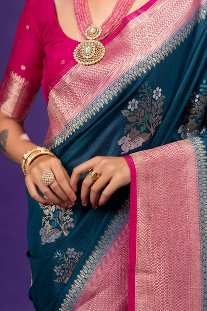 Teal Blue Georgette Saree With Pink Blouse