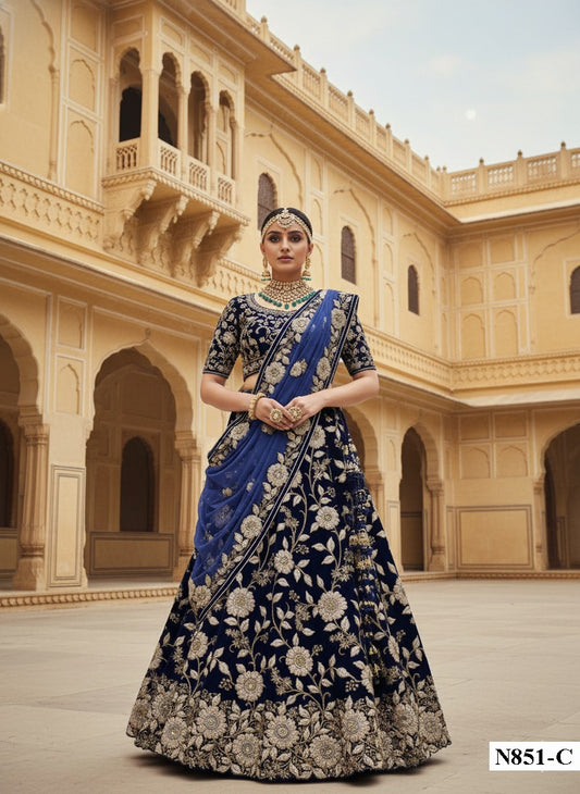 Heavy Work Blue Bridal Lehenga with Regal Velvet Work