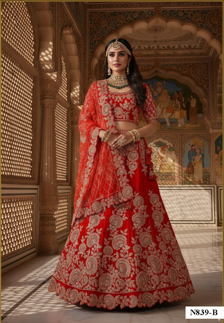 Traditional Red Bridal Lehenga with Intricate Hand Embroidery & Net Dupatta