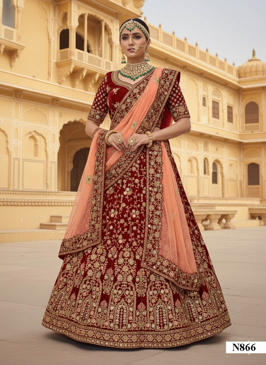Luxury Maroon Velvet Bridal Lehenga with Embroidered Peach Dupatta