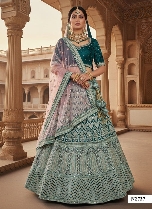 Teal Green Velvet Bridal Lehenga with Intricate Hand Embroidery