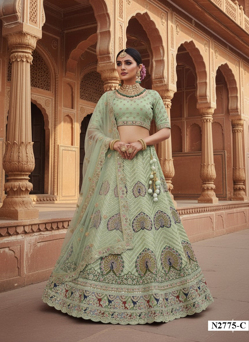 Elegant Mint Green Wedding Lehenga with Artistic Embellishments