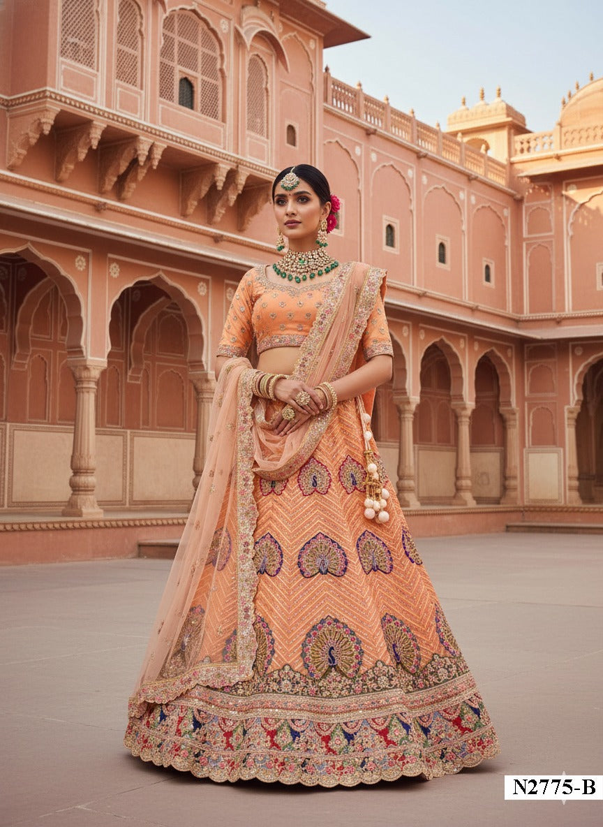 Beautiful Peach Bridal Lehenga with Heavy Embroidered Silk Ensemble