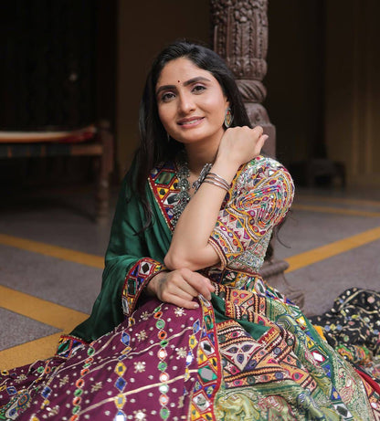 Muslin Cotton Multi Color Real Mirror Work Navratri Lehenga