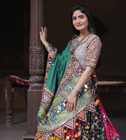 Muslin Cotton Multi Color Real Mirror Work Navratri Lehenga