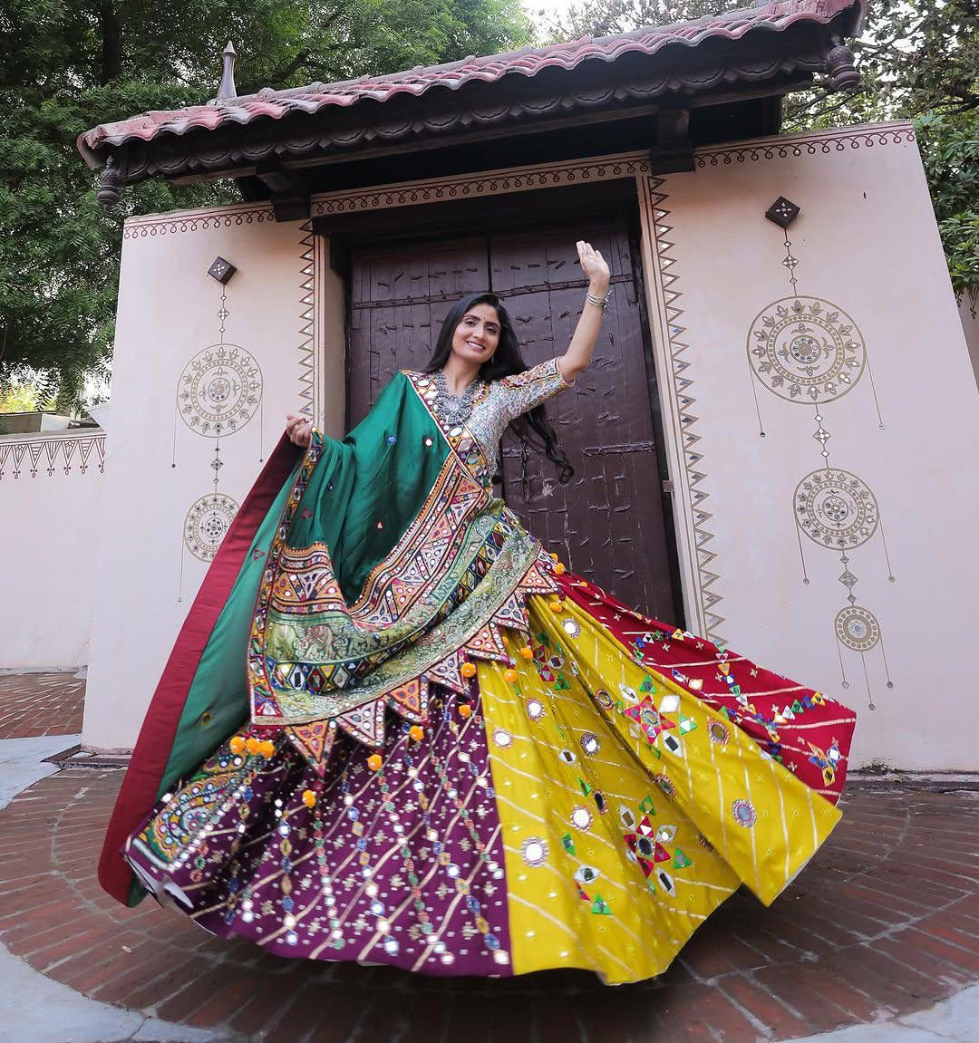 Muslin Cotton Multi Color Real Mirror Work Navratri Lehenga