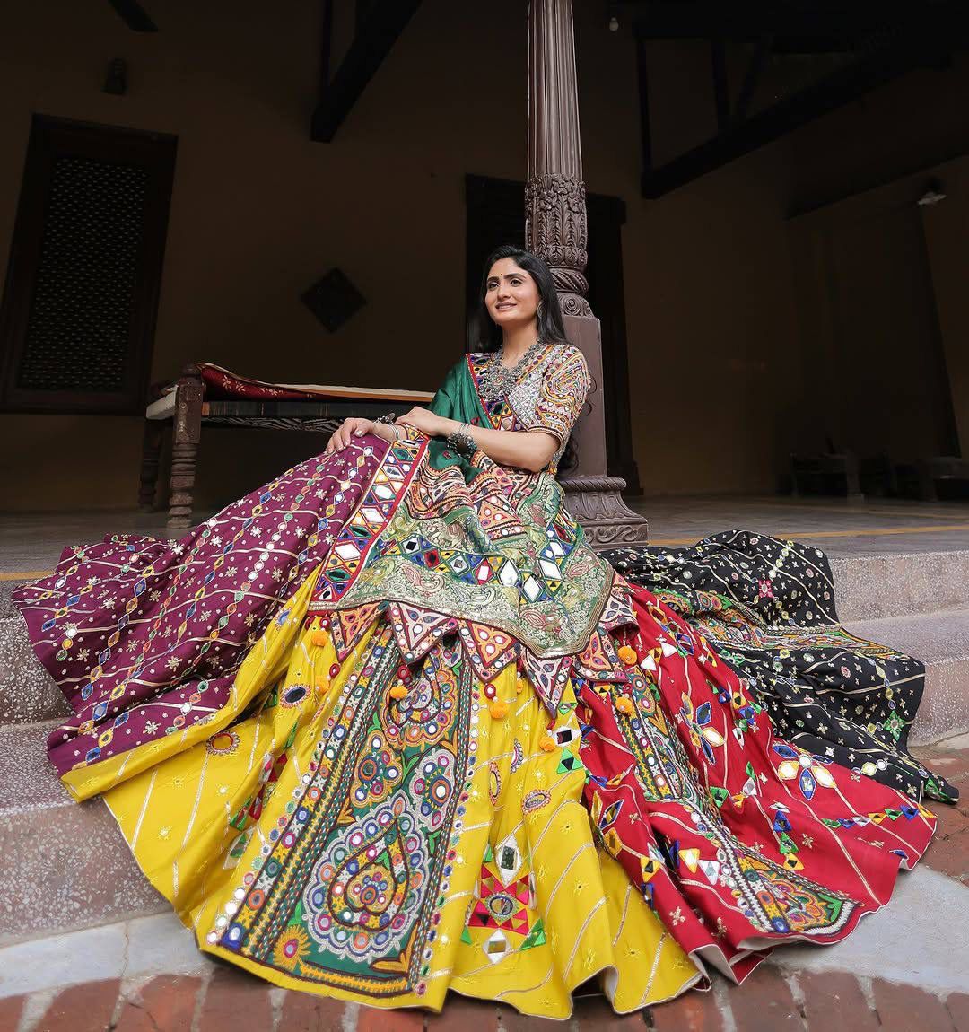 Muslin Cotton Multi Color Real Mirror Work Navratri Lehenga