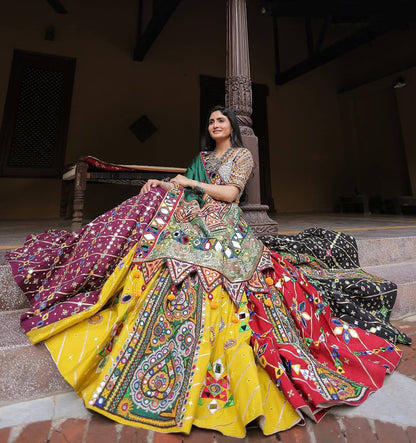 Muslin Cotton Multi Color Real Mirror Work Navratri Lehenga