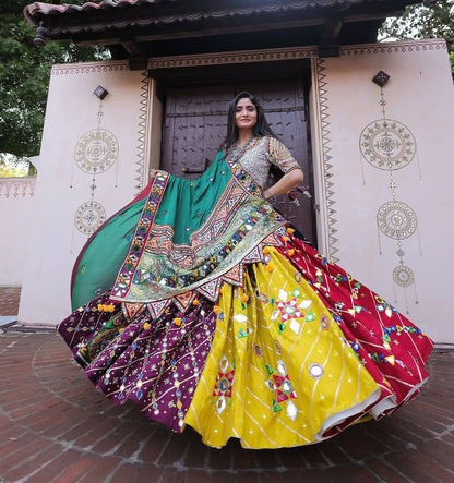 Muslin Cotton Multi Color Real Mirror Work Navratri Lehenga
