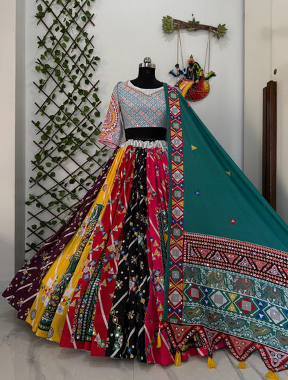 Muslin Cotton Multi Color Real Mirror Work Navratri Lehenga