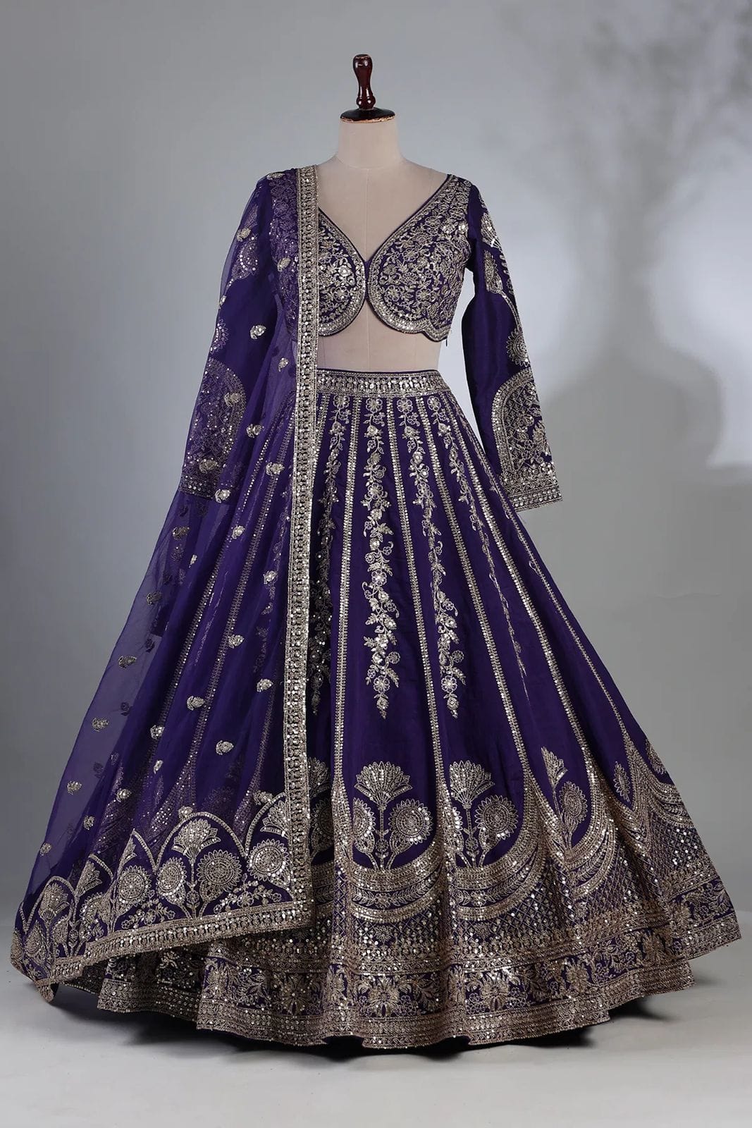 Velvet Look Purple Wedding Lehenga with Sequin and Zari Embroidery