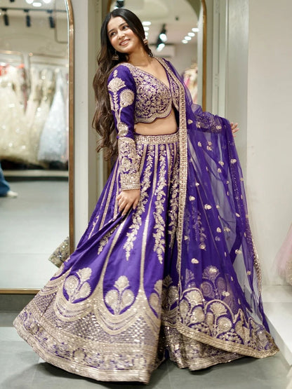 Velvet Look Purple Wedding Lehenga with Sequin and Zari Embroidery