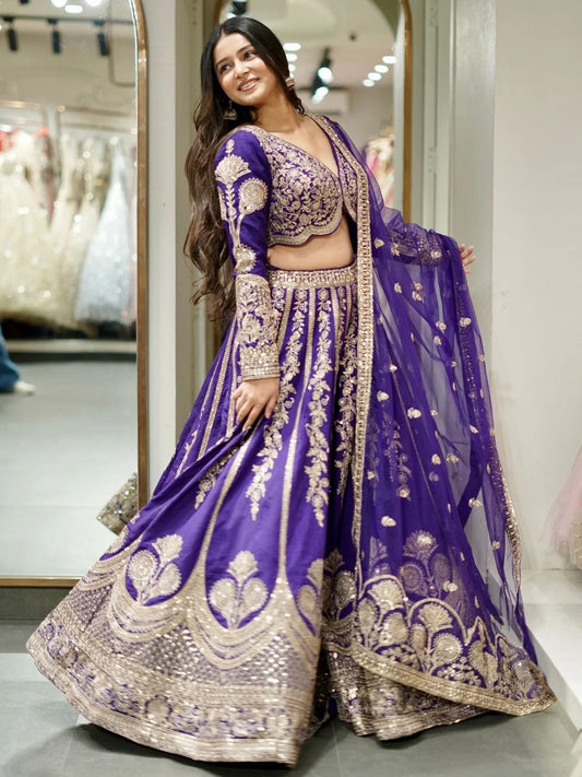 Velvet Look Purple Wedding Lehenga with Sequin and Zari Embroidery