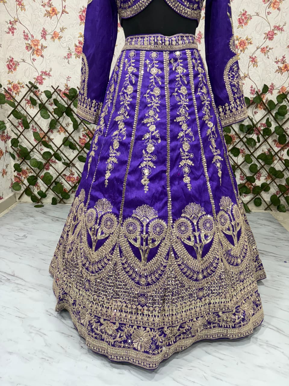 Velvet Look Purple Wedding Lehenga with Sequin and Zari Embroidery