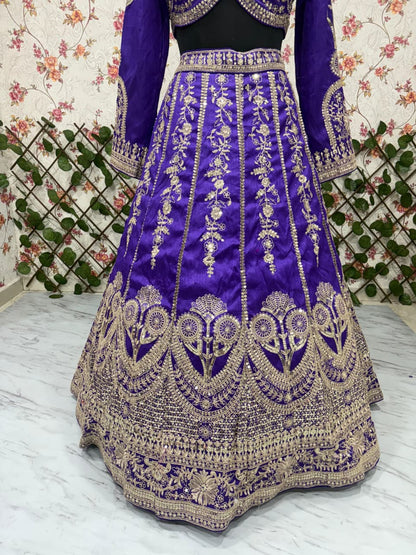 Velvet Look Purple Wedding Lehenga with Sequin and Zari Embroidery