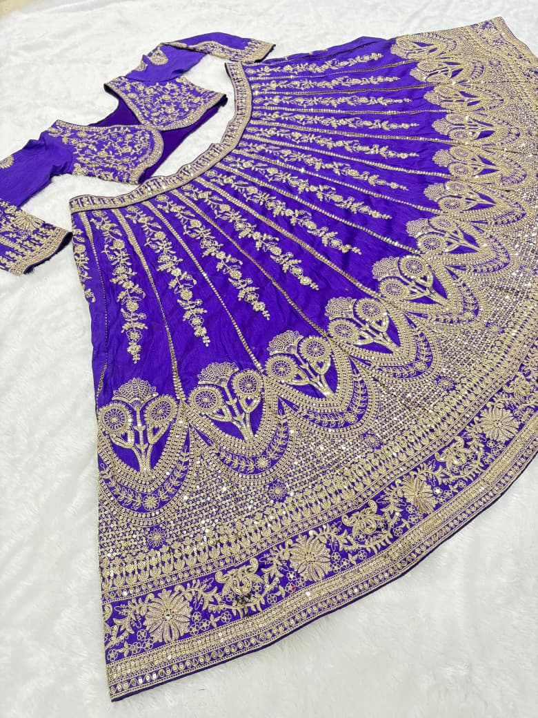 Velvet Look Purple Wedding Lehenga with Sequin and Zari Embroidery