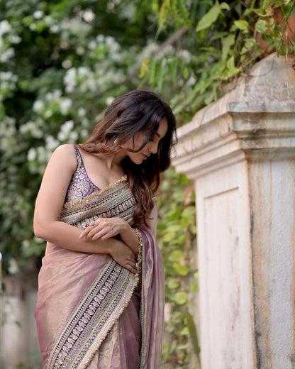 Elegant Mauve Tissue Designer Saree with Intricate Golden Detailing