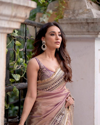 Elegant Mauve Tissue Designer Saree with Intricate Golden Detailing