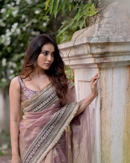 Elegant Mauve Tissue Designer Saree with Intricate Golden Detailing