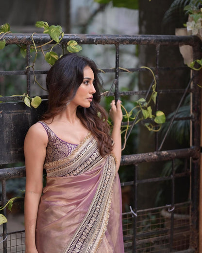 Elegant Mauve Tissue Designer Saree with Intricate Golden Detailing