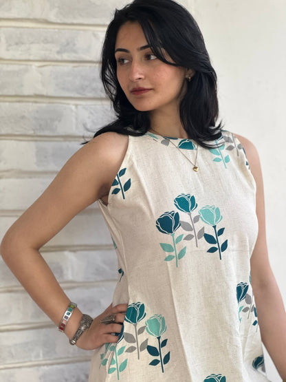 Beige Floral Print Cotton Sleeveless Kurta Set for Women