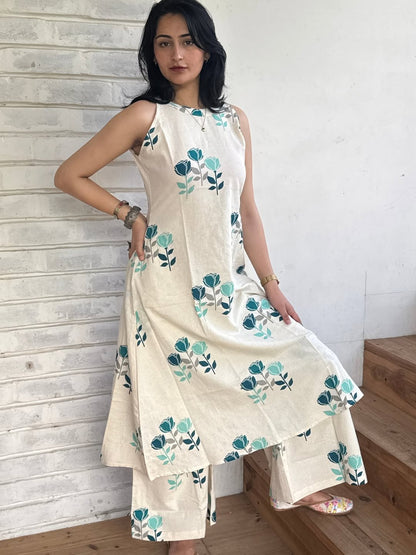 Beige Floral Print Cotton Sleeveless Kurta Set for Women