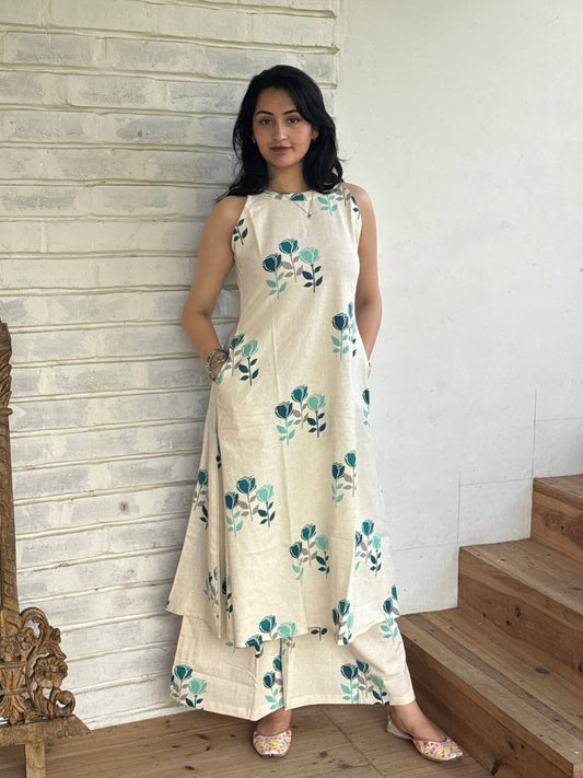 Beige Floral Print Cotton Sleeveless Kurta Set for Women