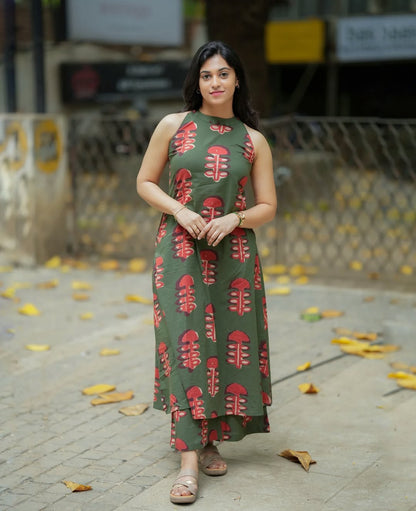 Olive Green Abstract Print Sleeveless Layered Kurta Set