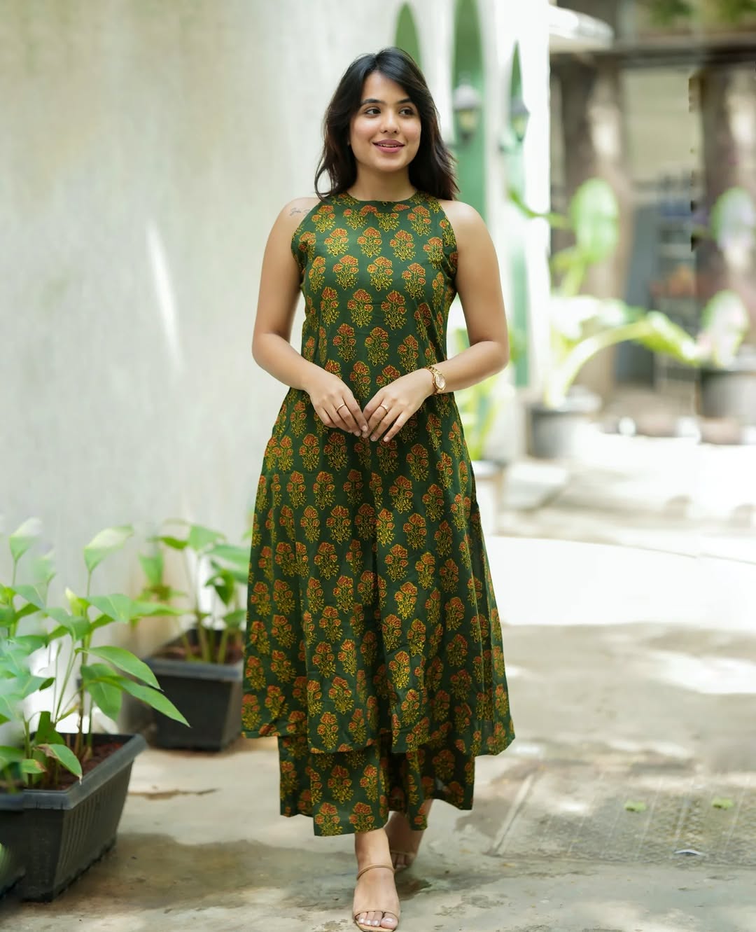Green Handblock Floral Print Sleeveless Kurta with Palazzo