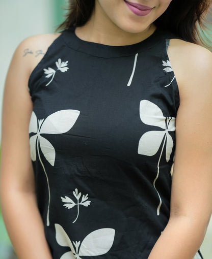 Black and White Leaf Print Cotton Kurta Set for Women
