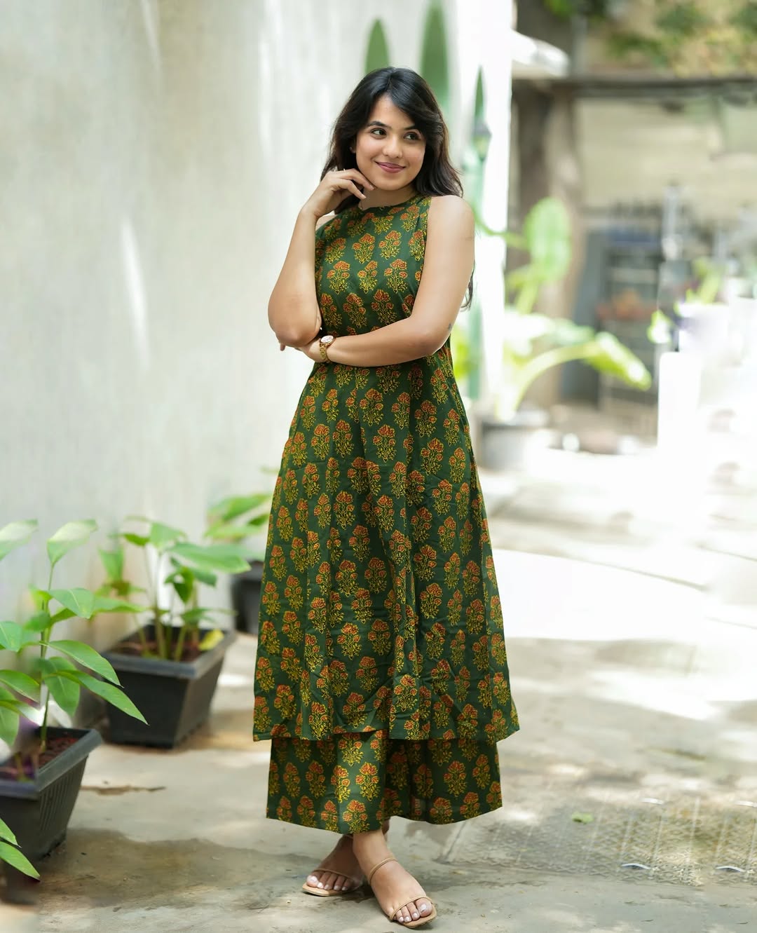 Green Handblock Floral Print Sleeveless Kurta with Palazzo