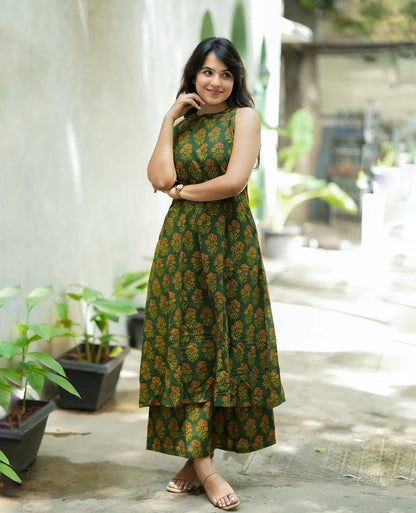 Green Handblock Floral Print Sleeveless Kurta with Palazzo