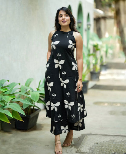 Black and White Leaf Print Cotton Kurta Set for Women