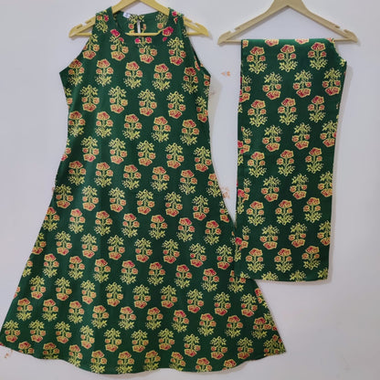 Green Handblock Floral Print Sleeveless Kurta with Palazzo