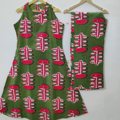 Olive Green Abstract Print Sleeveless Layered Kurta Set