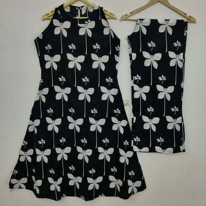 Black and White Leaf Print Cotton Kurta Set for Women