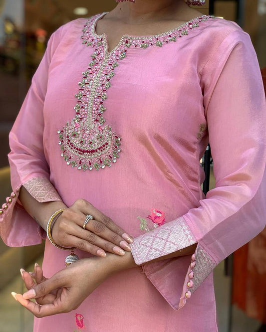Elegant Pink Shimmer Jacquard Embroidered Kurta Set with Dupatta