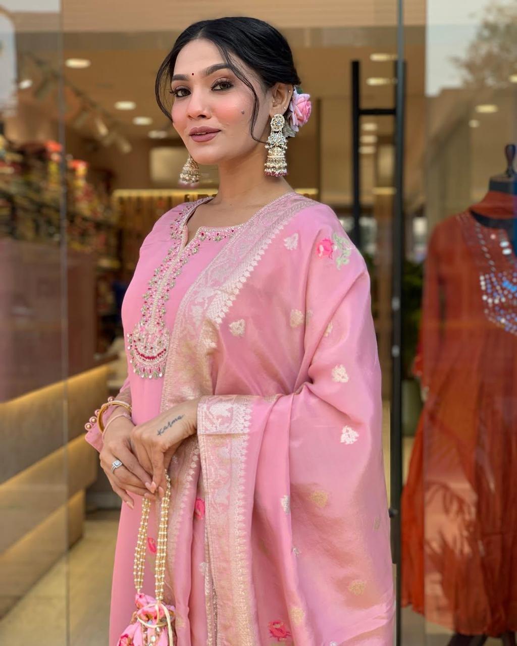 Elegant Pink Shimmer Jacquard Embroidered Kurta Set with Dupatta