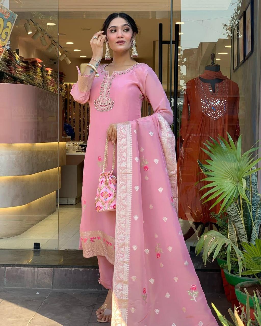 Elegant Pink Shimmer Jacquard Embroidered Kurta Set with Dupatta