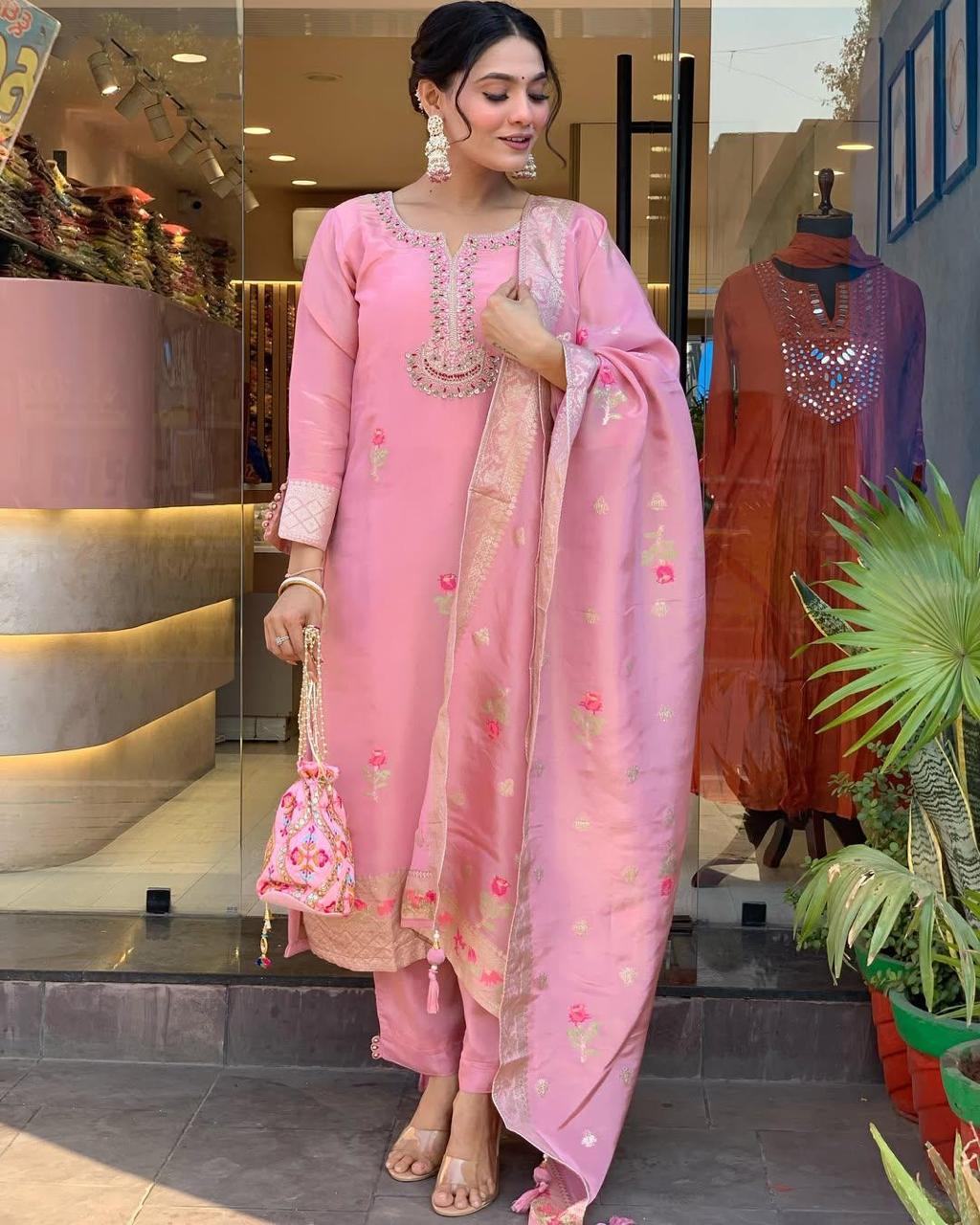 Elegant Pink Shimmer Jacquard Embroidered Kurta Set with Dupatta