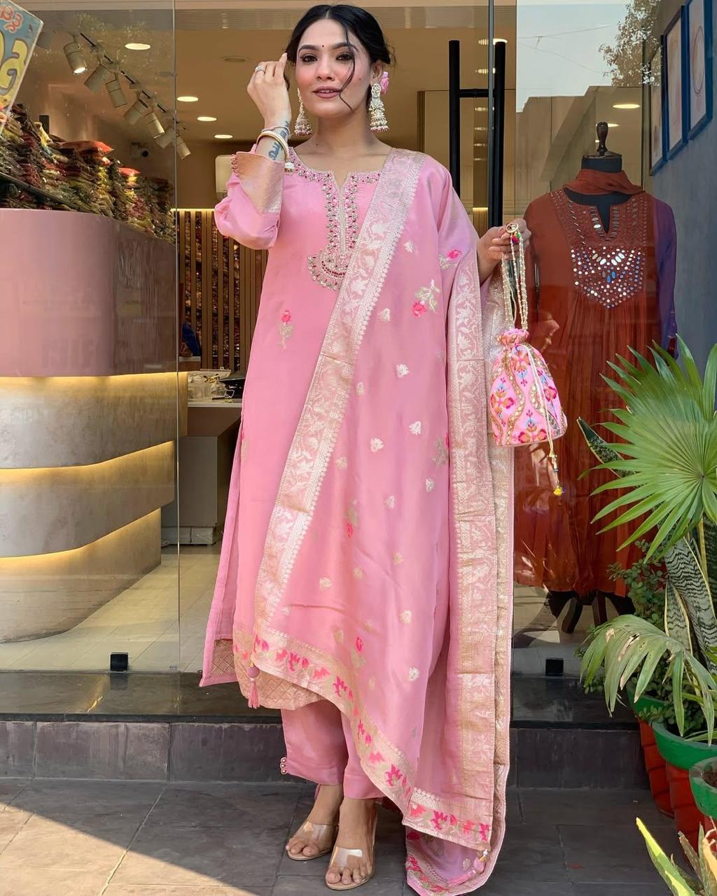 Elegant Pink Shimmer Jacquard Embroidered Kurta Set with Dupatta