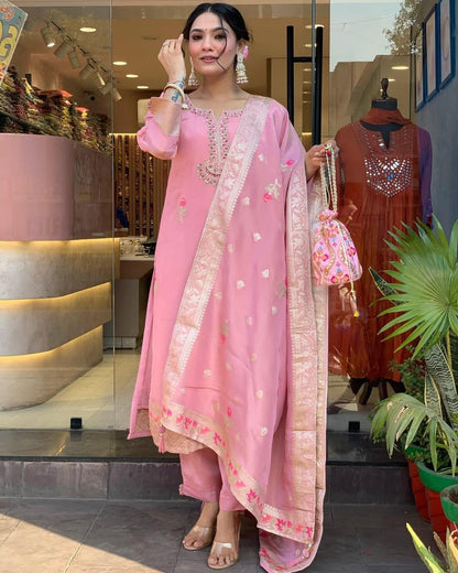Elegant Pink Shimmer Jacquard Embroidered Kurta Set with Dupatta