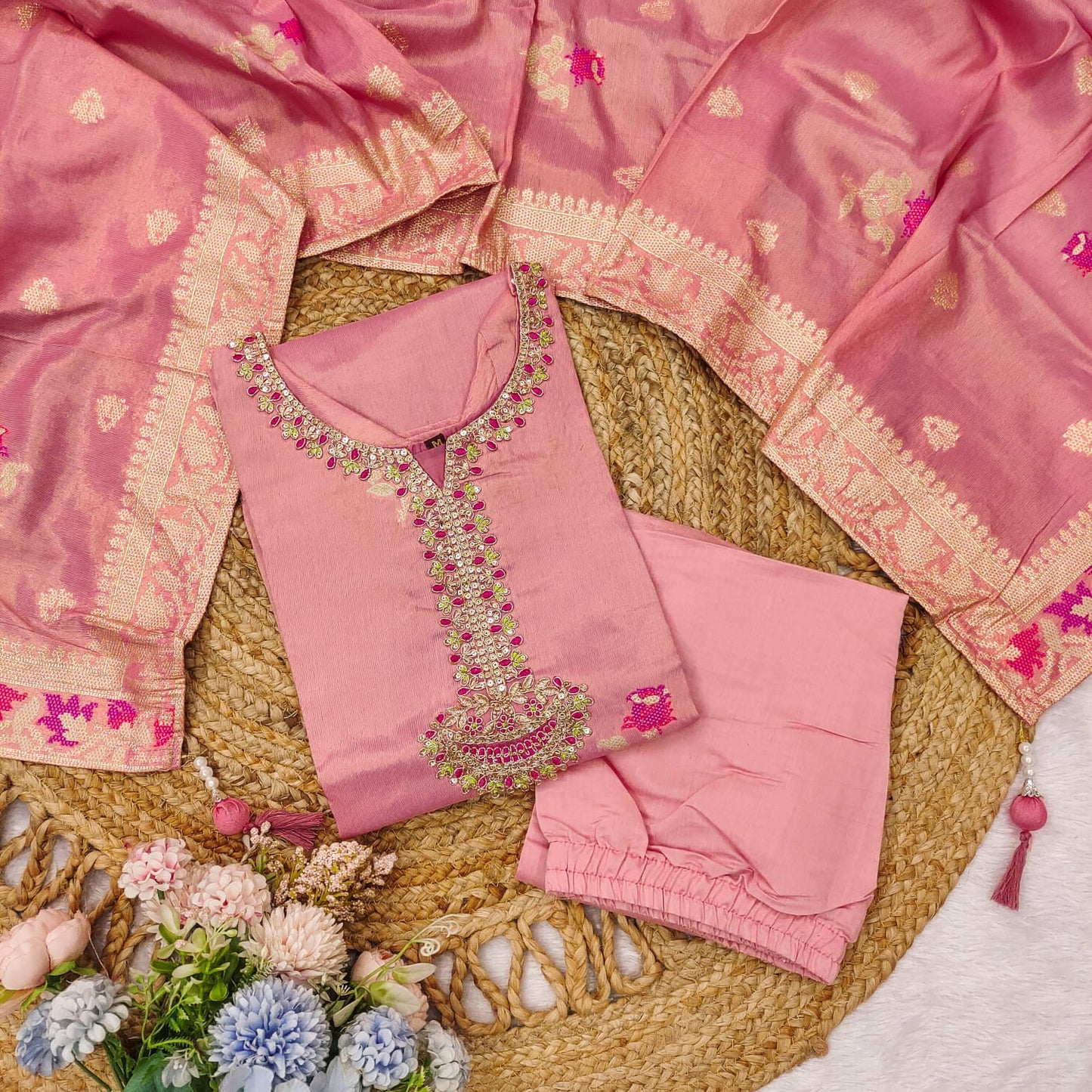 Elegant Pink Shimmer Jacquard Embroidered Kurta Set with Dupatta