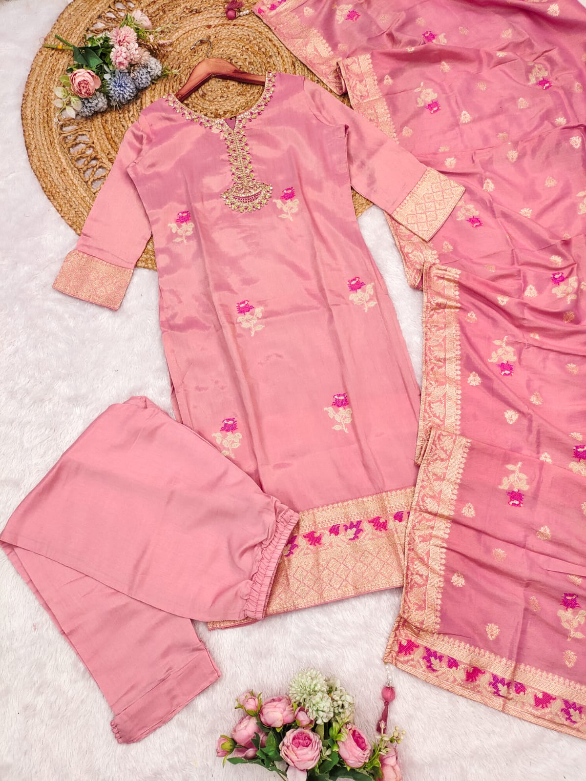 Elegant Pink Shimmer Jacquard Embroidered Kurta Set with Dupatta