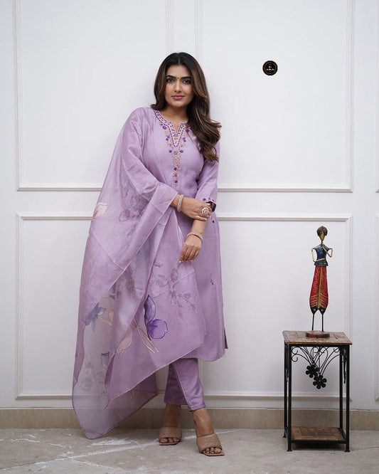 Beautiful Heavy Stitched Lavender Suit Set for Festive & Party Wear